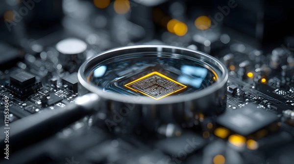 Fototapeta A detailed IT Security Risk Assessment concept is depicted in an abstract technology environment featuring a magnifying glass.