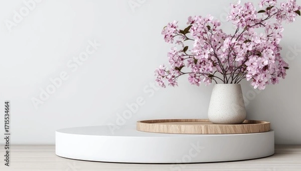 Fototapeta Minimalist scene featuring a white, round display platform, a light wood tray, and a vase of delicate pink blossoms against a white wall