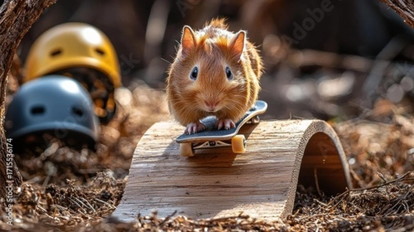 Obraz A guinea pig stands on a skateboard atop a curved wooden ramp. Helmets are in the background. AI.