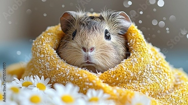 Obraz A furry guinea pig is wrapped in a yellow towel, surrounded by white daisies. AI.