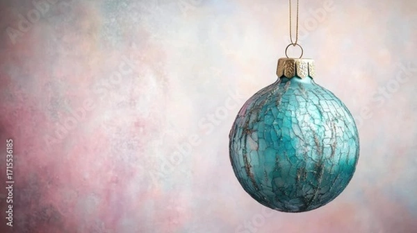 Obraz Blue ornament hangs with gold top and string against a mottled pink and blue background. AI.