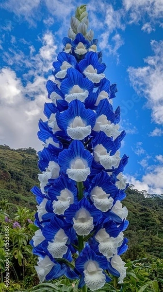 Obraz Tall flower stalk with blue and white petals against a sky with white clouds. Green hillside visible in background. AI.