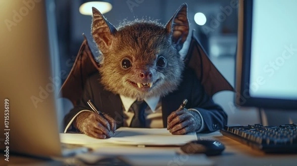 Obraz Bat-like creature in suit at a desk, holding pens and writing on paper with computer and keyboard in view. AI.