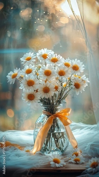 Obraz A glass vase holds white daisies with yellow centers, tied with a ribbon, on a draped surface near a window. AI.