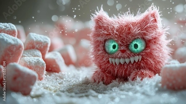 Obraz A fuzzy, red cat-like creature with bright green eyes and sharp teeth sits near pink, sugar-dusted treats. AI.