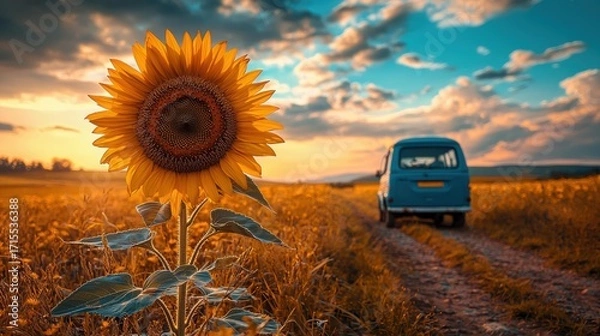 Obraz Sunflower in a field. Van on a dirt road. Sky with clouds at sunset. AI.