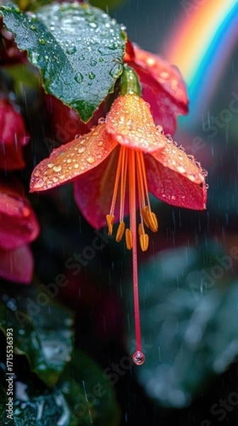 Obraz Orange flower with long stamens and red petals is covered with water droplets. A leaf is behind it and rainbow is above. AI.