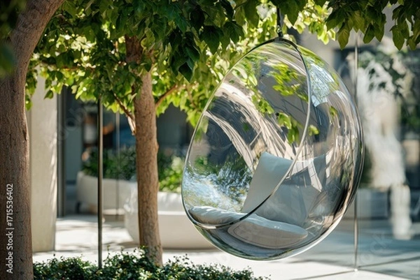 Obraz A clear bubble chair hangs from a tree branch. Inside the chair are cushions. Green leaves surround the hanging chair. AI.