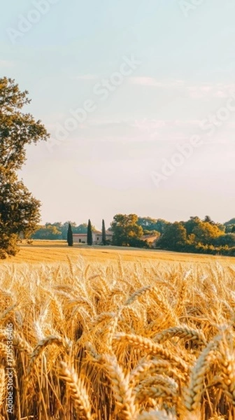 Obraz Golden wheat field under a blue sky. There are trees and a building in the background. AI.