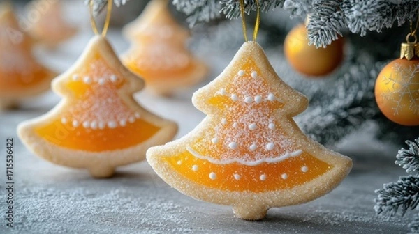 Obraz Tree-shaped cookies with yellow centers hang near branches and ornaments. White sprinkles decorate the cookie edges. AI.