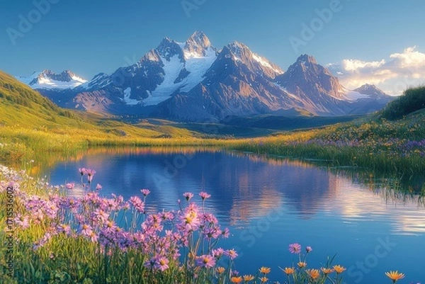 Obraz Lake reflects snowy mountains under a blue sky. Grass and colorful wildflowers surround the water. AI.