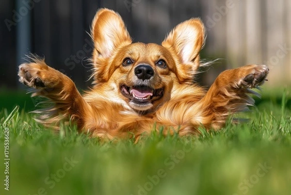 Obraz A fluffy dog with paws up lies in grass, smiling with an open mouth. AI.