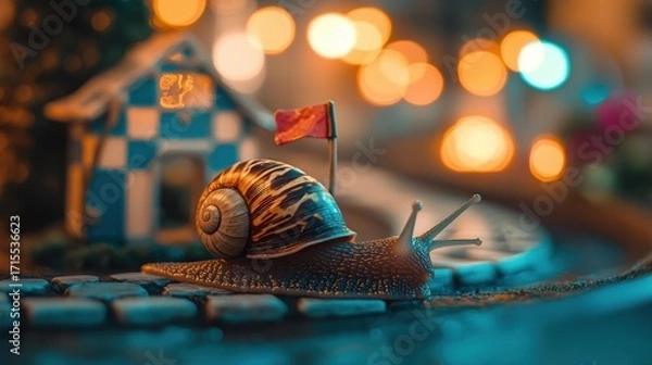 Obraz Snail on a cobblestone path with a red flag and a checkered house in the blurred background. AI.