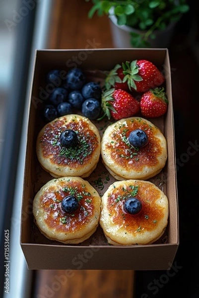 Obraz Four pancakes with blueberries and herbs in a box, along with fresh blueberries and strawberries. AI.