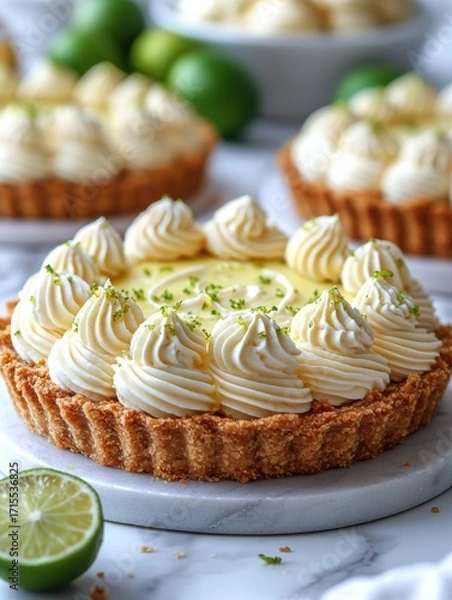 Obraz A lime tart with a swirl of creamy frosting and a graham cracker crust sits on a marble surface. AI.