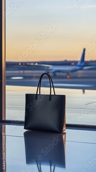 Obraz A black tote bag sits near a window at an airport, with an airplane visible outside. AI.