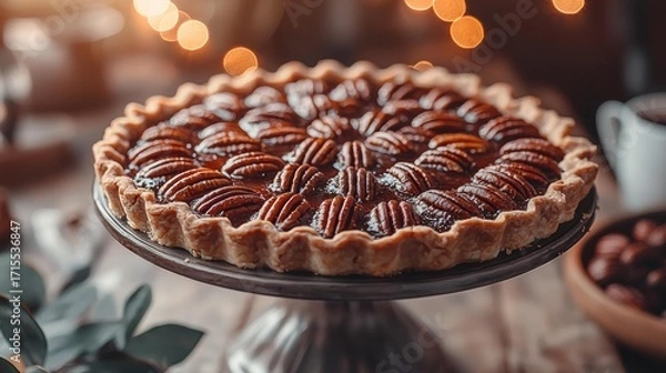 Obraz Pecan pie on a pedestal stand, topped with nuts, is displayed against a bokeh background. AI.