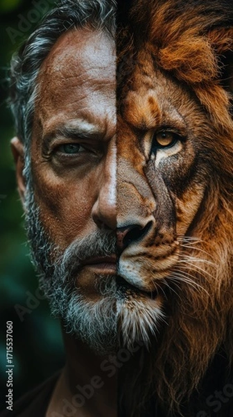 Obraz Half face of a bearded man and half face of a lion are aligned vertically. AI.
