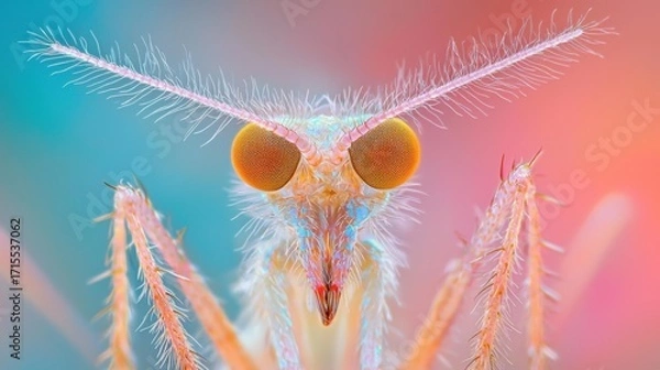 Obraz Insect close-up shows orange eyes, feathery antennae, and legs. Colorful background. AI.