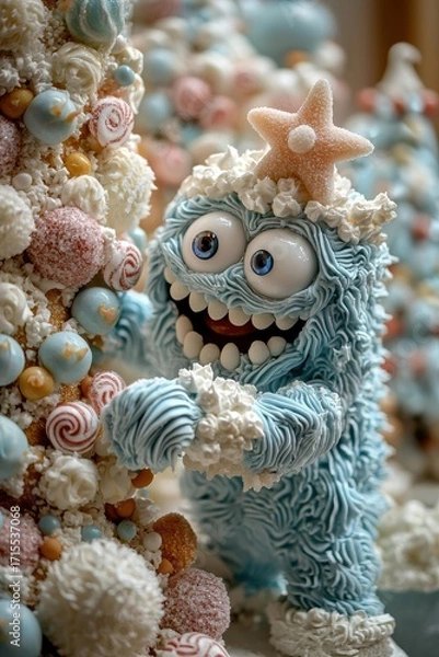Obraz A blue, textured monster figure with large eyes and a starfish on its head stands near a decorative, candy-covered tree. AI.