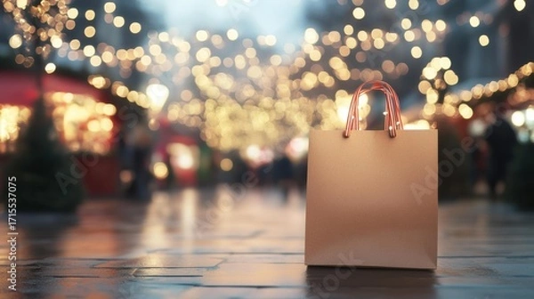 Obraz A brown paper shopping bag with striped handles stands on a wet surface with lights in the background. AI.