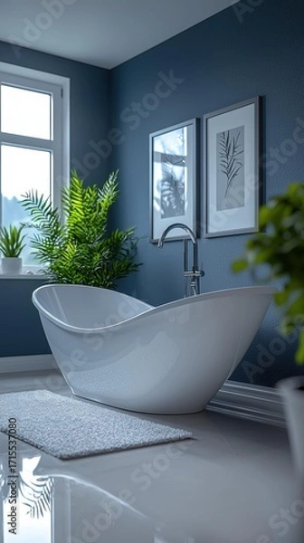 Obraz White tub in a blue bathroom with a chrome faucet, a light rug, and plants. Two framed pictures hang on the wall. AI.