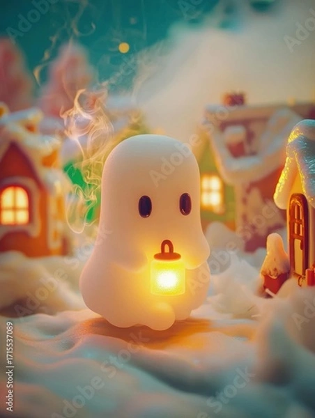 Obraz A white ghost figure holds a glowing lantern in a snowy village. Small houses are visible in the background. AI.