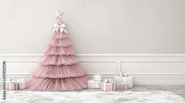 Obraz A layered pink tree with star and bow stands by presents on a fluffy rug against a white wall. AI.