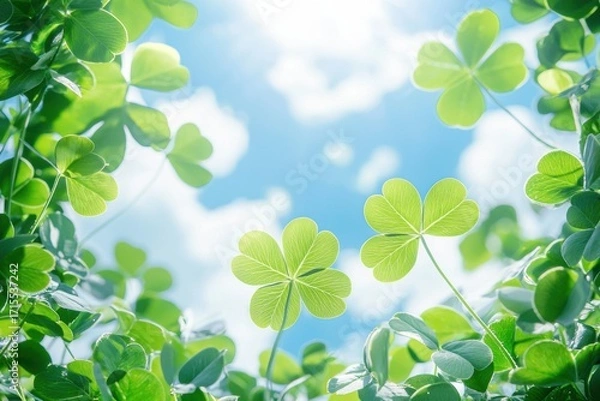 Obraz Green clovers grow upwards against a blue sky dotted with white clouds. AI.