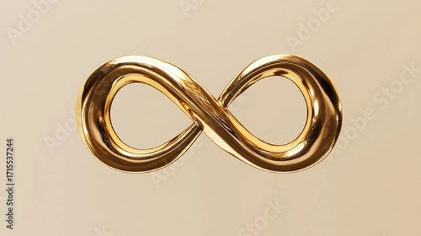 Obraz A golden infinity symbol appears to float against a beige background. Light reflects on the metal's surface. AI.