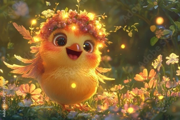 Obraz Yellow chick with flower crown stands in a field of flowers. AI.