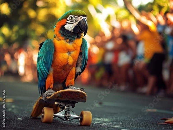 Obraz Colorful parrot stands on a skateboard. A blurred crowd is visible in the background. AI.