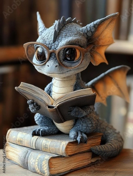 Obraz A small dragon with glasses sits atop books reading a book. AI.