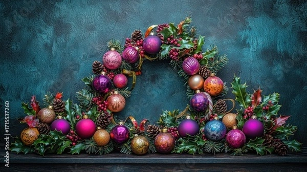 Obraz A wreath features colorful ornaments, pine cones, holly, and red berries against a dark teal textured background. AI.