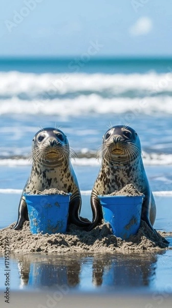 Obraz Two seals sit on a sandy beach, each with a blue bucket filled with sand. Waves are visible in the background. AI.