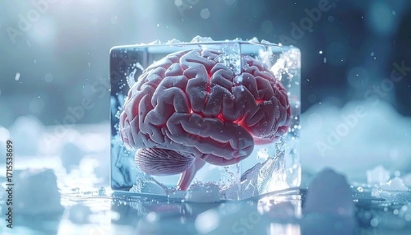 Fototapeta Conceptual image of a human brain encased in ice cube with glowing red light, symbolizing frozen thoughts, mind, or science innovation.