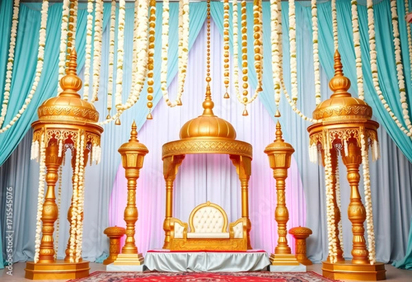Fototapeta  Mandap-inspired background with golden dome structures, cascading jasmine strings, and pastel teal curtains.
