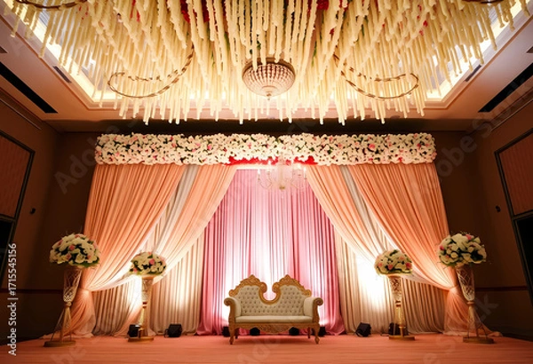 Fototapeta Grand South Indian wedding backdrop with shimmering soft gold tones, jasmine ceiling hangings, and pastel peach silk drapes.