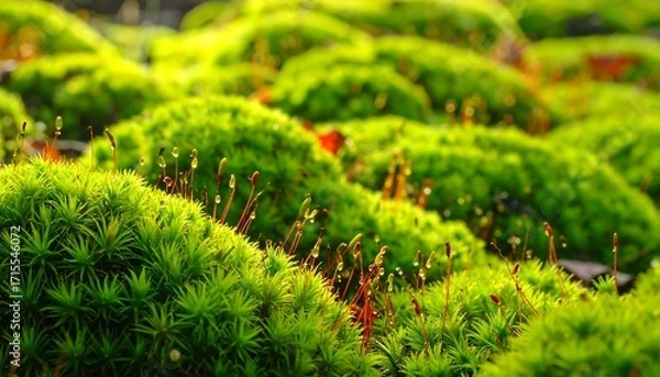 Fototapeta Close-up view of vibrant green moss, glistening with morning dew drops, showcasing intricate details of the plant's structure.