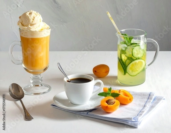 Fototapeta Refreshing iced beverage selections with coffee and ice cream, presented on a white table.