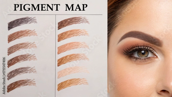 Obraz Microblading eyebrow creates natural-looking brows. Beauty pigment map showcasing various eyebrow shades alongside a striking eye detail.