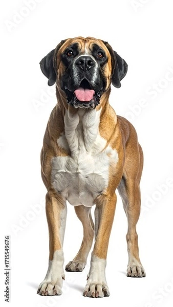 Fototapeta A powerful dog, standing alert against a pure white background, showcasing its muscular physique and attentive expression.