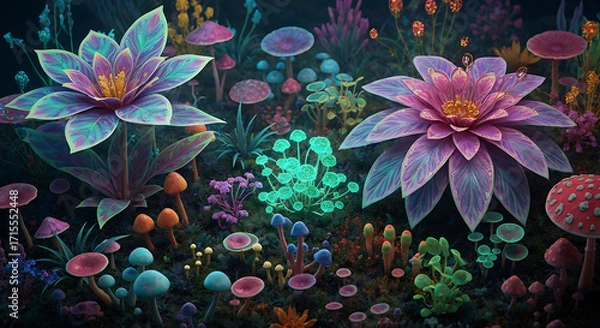 Fototapeta Psychedelic Fantasy Garden with Glowing Mushrooms and Alien Flora