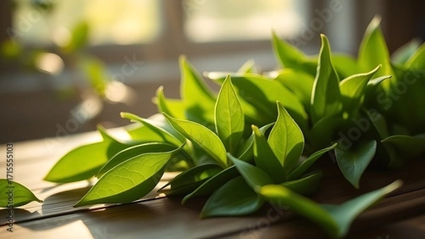 Fototapeta Close-up of fresh green tea leaves on wood with morning sunlight and soft bokeh effect.