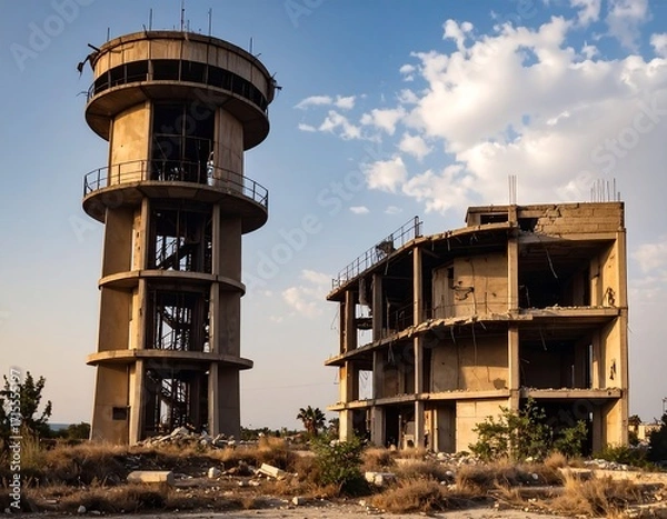 Fototapeta Abandoned concrete structures under a partly cloudy sky