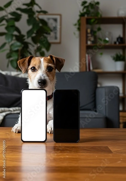 Obraz A curious Jack Russell terrier sitting next to a smartphone with a blank white screen in a cozy living room