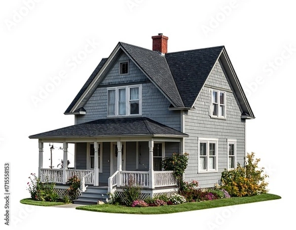 Fototapeta A charming, light gray-toned, historic house with a classic porch and well-maintained landscaping sits isolated against a pure white background.