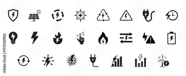 Fototapeta Electricity and energy icon set. Vector glyph pictograms of lightning bolt, battery, plug, solar panel, wind turbine, power, renewable energy, electrical safety black silhouette. vector eps file.