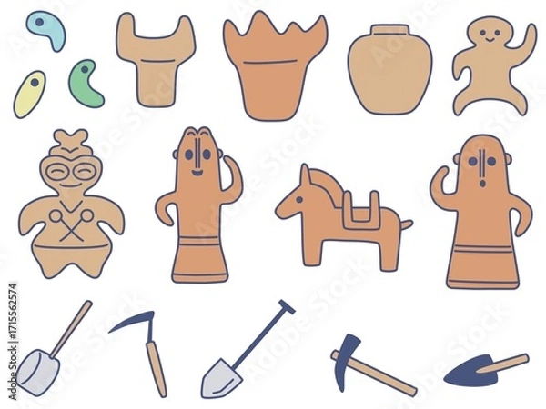 Obraz 土器やはにわ、発掘道具のイラストセット