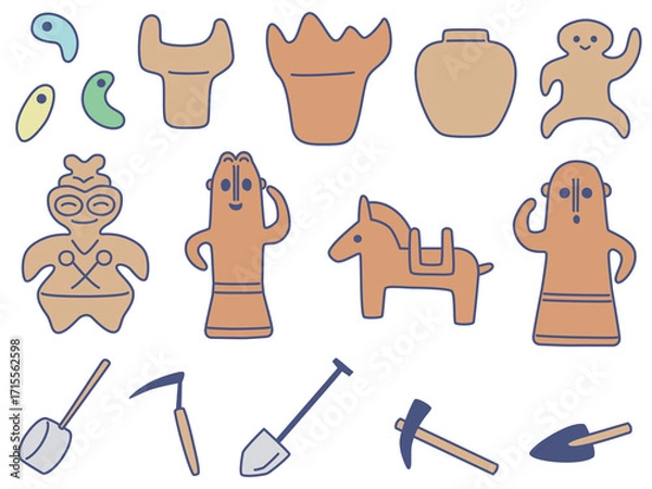 Obraz 土器やはにわ、発掘道具のイラストセット